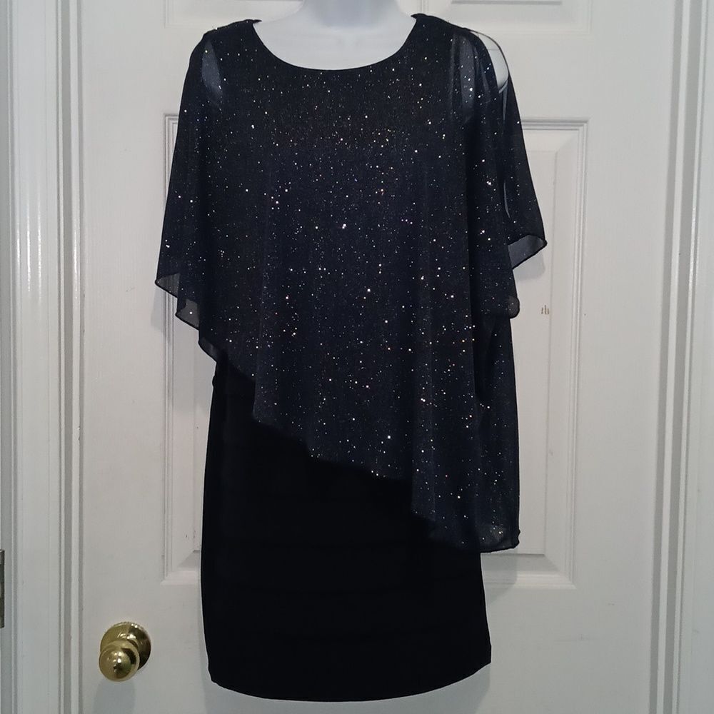 Enfocus Petite navy blue glitter midi semi formal party graduation dress  Sz 4P